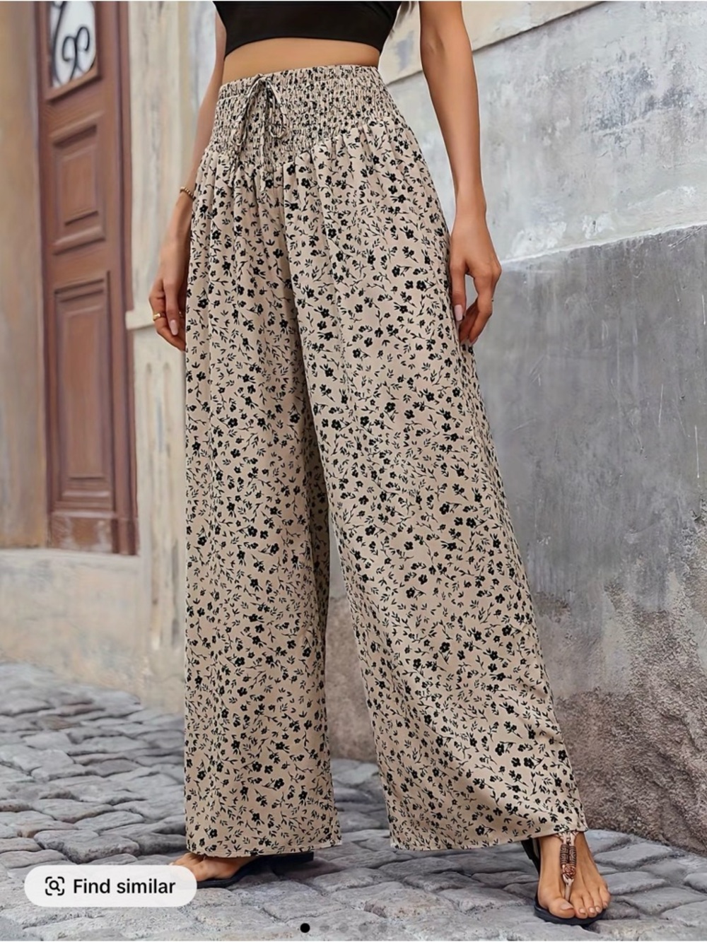 Wide Leg Floral Print Pants - Beige